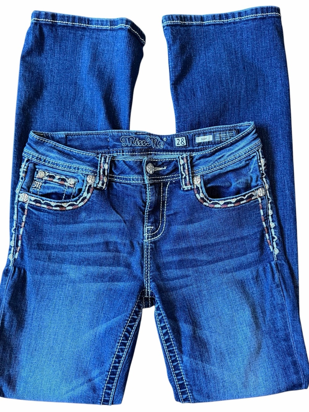 Miss Me Y2K Bootcut Jeans Sz 28x32 Low Rise Dark Wash Western Cowboy Embroidered - Picture 3 of 11